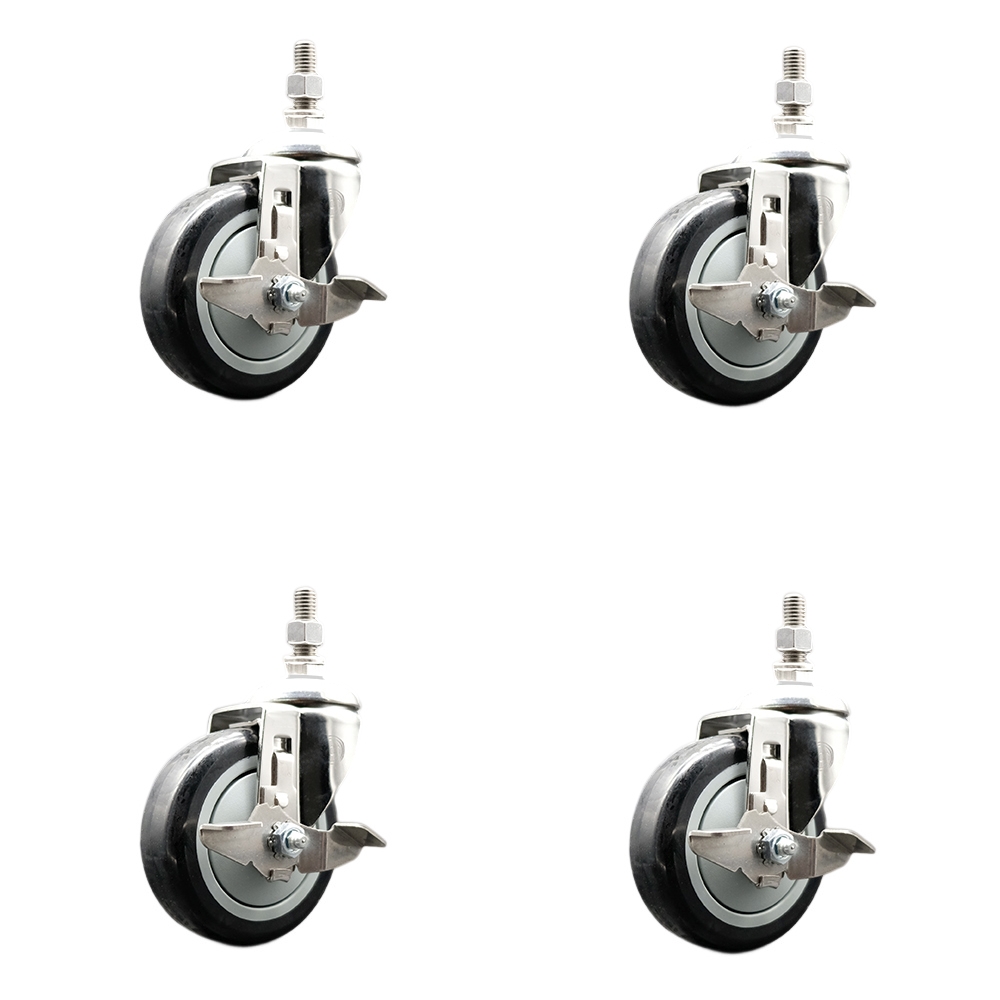 Polyurethane Swivel Stem Caster with 4 in. Black Caster Wheels, 12 mm Threaded Stems - 316 Stainless Steel Casters - Set of 4