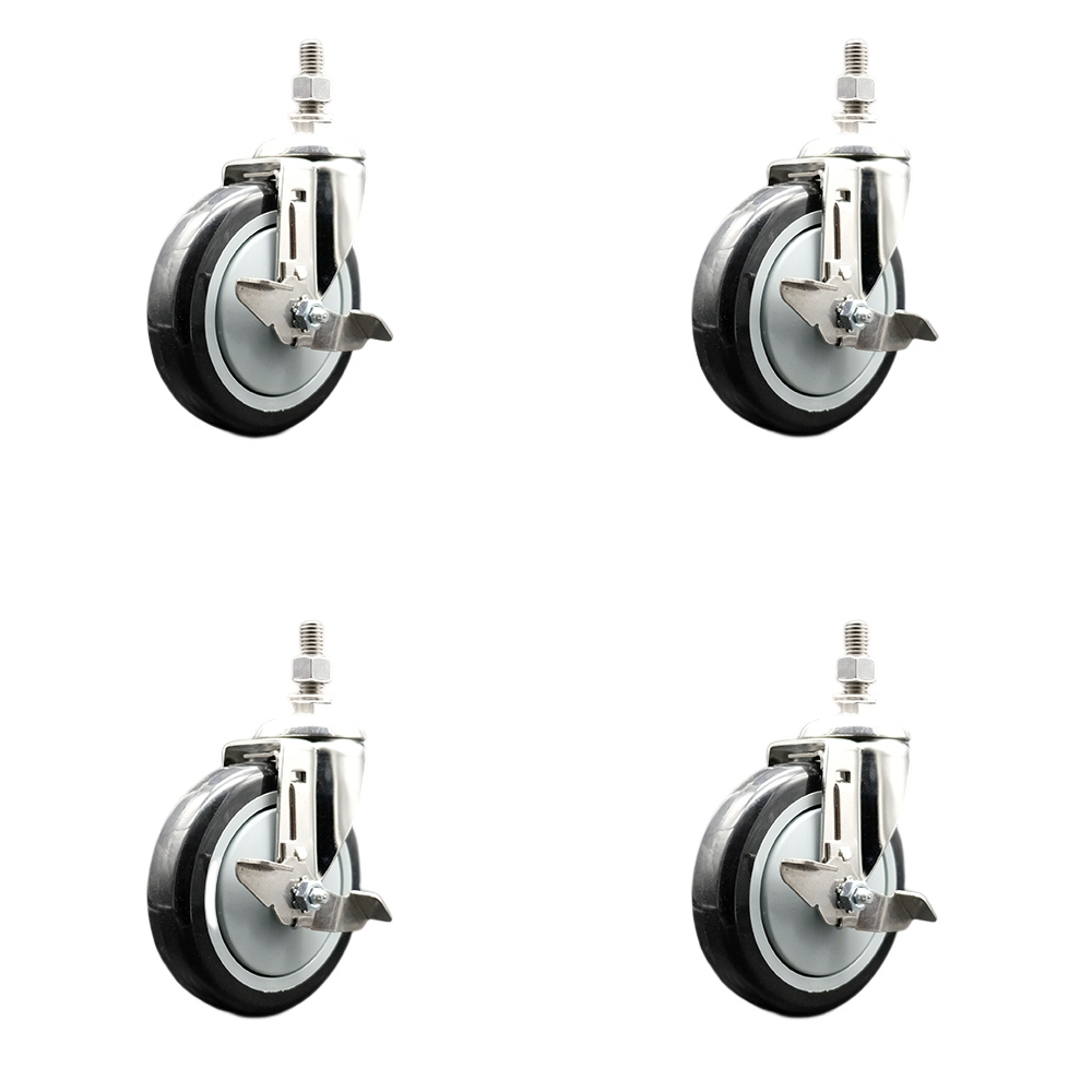 Polyurethane Swivel Stem Caster with 5 in. Black Caster Wheels, 12 mm Threaded Stems - 316 Stainless Steel Casters - Set of 4