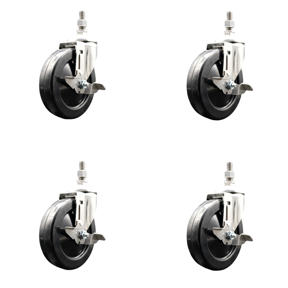 Hard Rubber Swivel Stem Caster with 5 in. Caster Wheels, 0.38 in. Threaded Stems - 316 Stainless Steel Casters - Set of 4