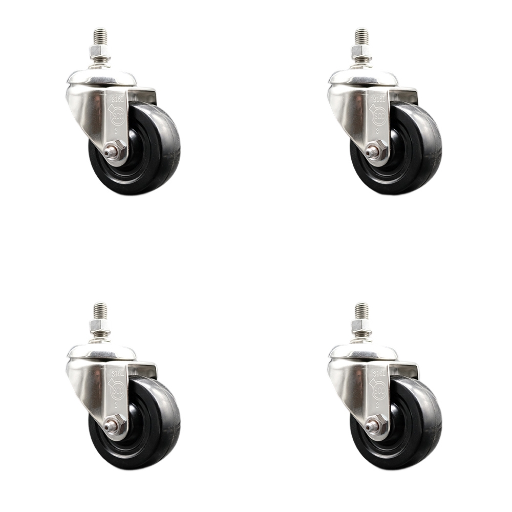 Hard Rubber Swivel Stem Caster with 3 in. Caster Wheels, 10 mm Threaded Stems - 316 Stainless Steel Casters - Set of 4