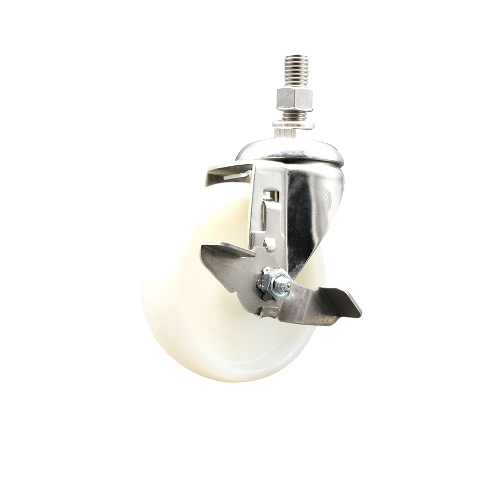 Nylon Swivel Stem Caster with 4 in. White Caster Wheel & Top Lock Brake, 0.38 in. Threaded Stem - 316 Stainless Steel Caster