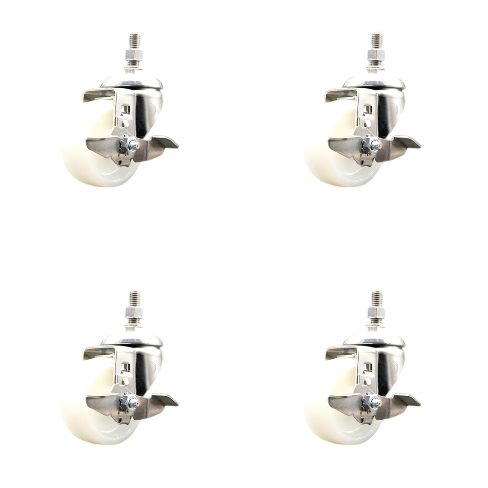 Nylon Swivel Stem Caster with 3 in. Caster Wheels, 10 mm Threaded Stems - 316 Stainless Steel Casters - Set of 4