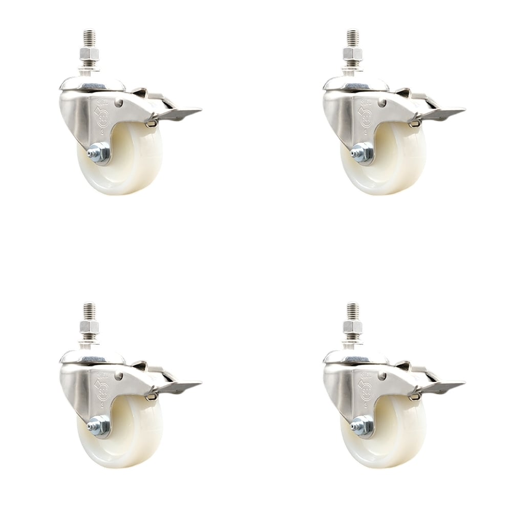 SCC-SS316TSTTL20S314-NYS-M1015-4 Nylon Swivel Stem Caster with 3 in. Caster Wheels, 10 mm Threaded Stems - 316 Stainless Steel Casters - Set of 4
