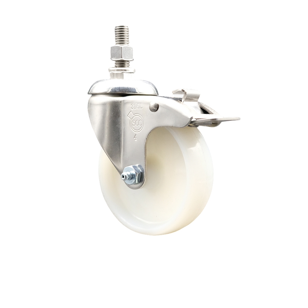 Nylon Swivel Stem Caster with 4 in. White Caster Wheel & Total Lock Brake, 10 mm Threaded Stem - 316 Stainless Steel Caster