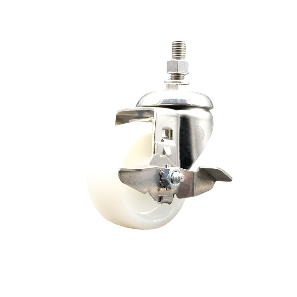 Nylon Swivel Stem Caster with 3 in. White Caster Wheel & Top Lock Brake, 12 mm Threaded Stem - 316 Stainless Steel Caster