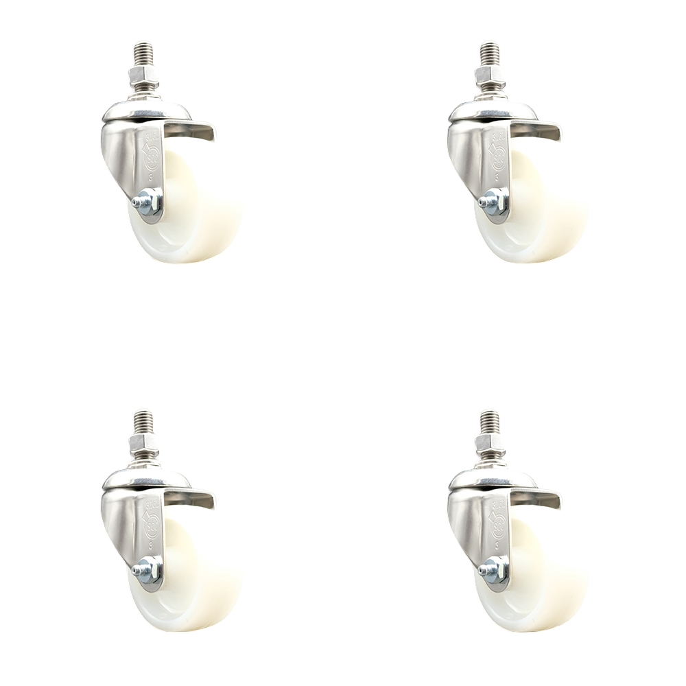 SCC-SS316TS20S314-NYS-M1215-4 Nylon Swivel Stem Caster with 3 in. Caster Wheels, 12 mm Threaded Stems - 316 Stainless Steel Casters - Set of 4