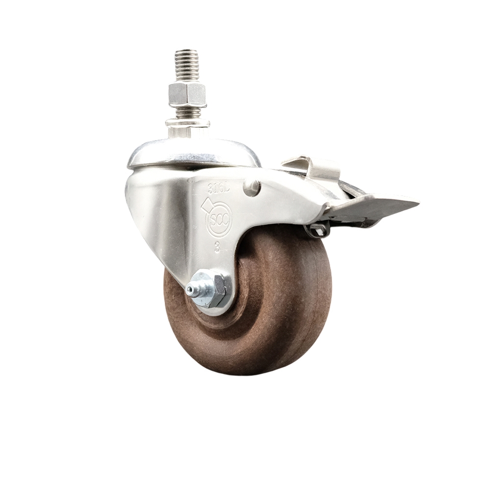 High Temperature Glass Filled Nylon Swivel Stem Caster with 3.5 in. Brown Caster Wheel & Total Lock Brake - 316 Stainless Steel Caster