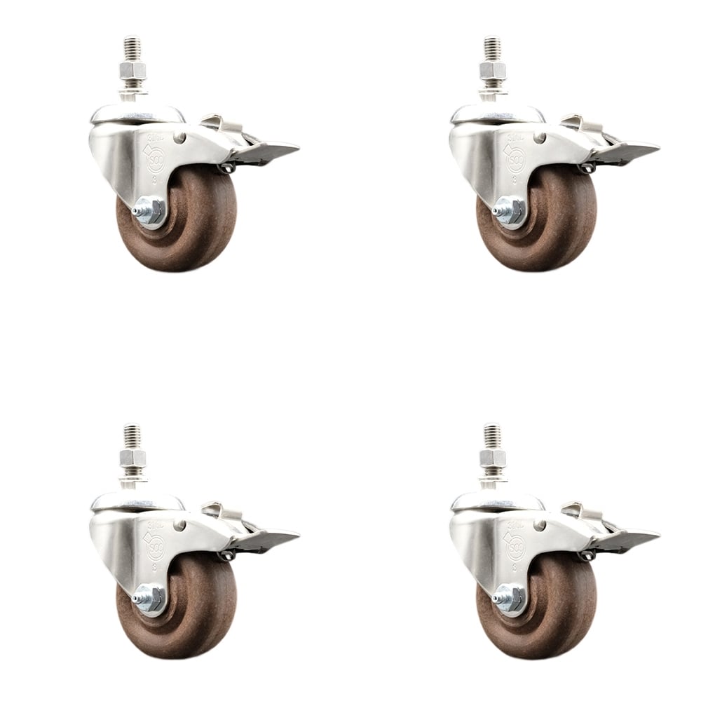 High Temperature Glass Filled Nylon Swivel Stem Caster with 3 in. Caster Wheel, 12 mm Threaded Stem - 316 Stainless Steel Caster - Set of 4