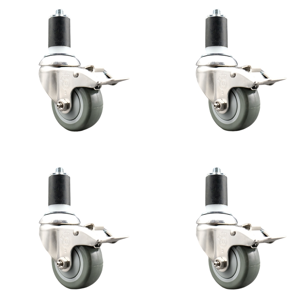 Polyurethane Swivel Stem Caster with 3 in. Gray Caster Wheels, 1.5 in. Expanding Stems - 316 Stainless Steel Casters - Set of 4