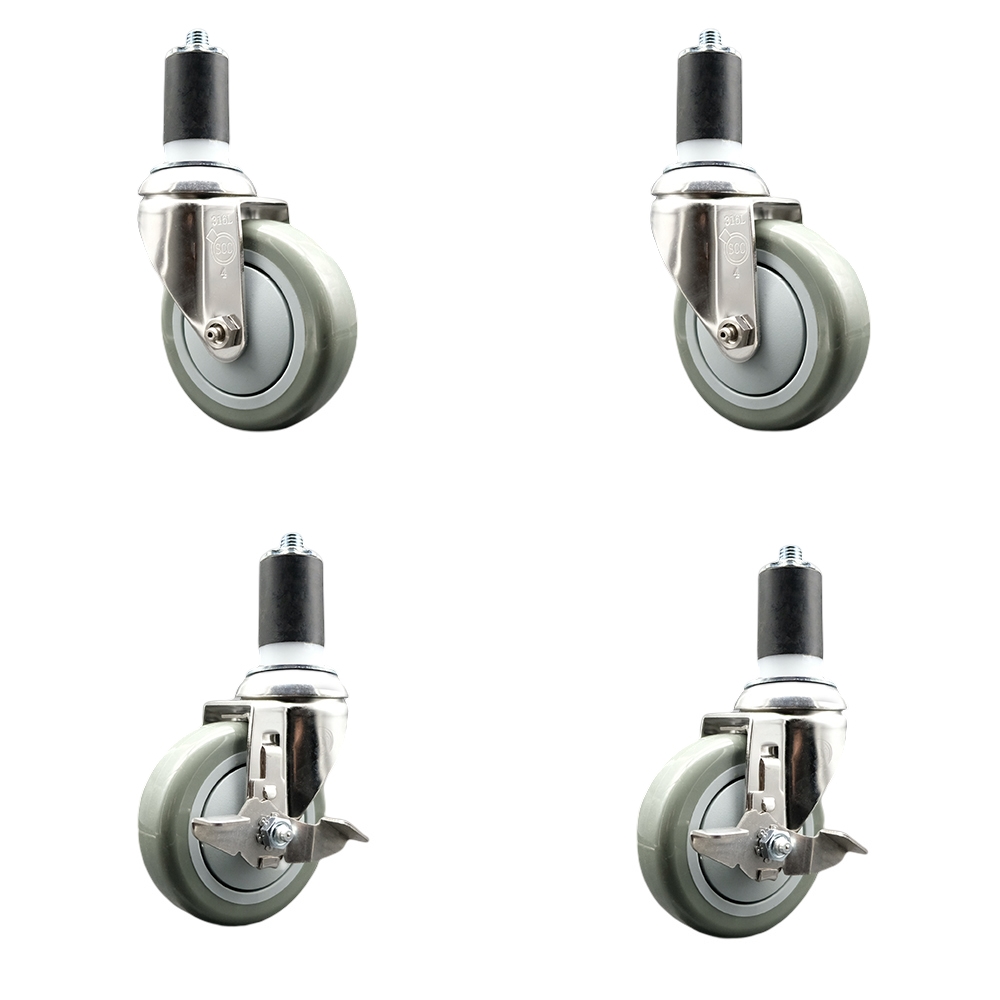 Polyurethane Swivel Stem Caster with 4 in. Gray Caster Wheels, 1.5 in. Expanding Stems - 316 Stainless Steel Casters - Set of 4