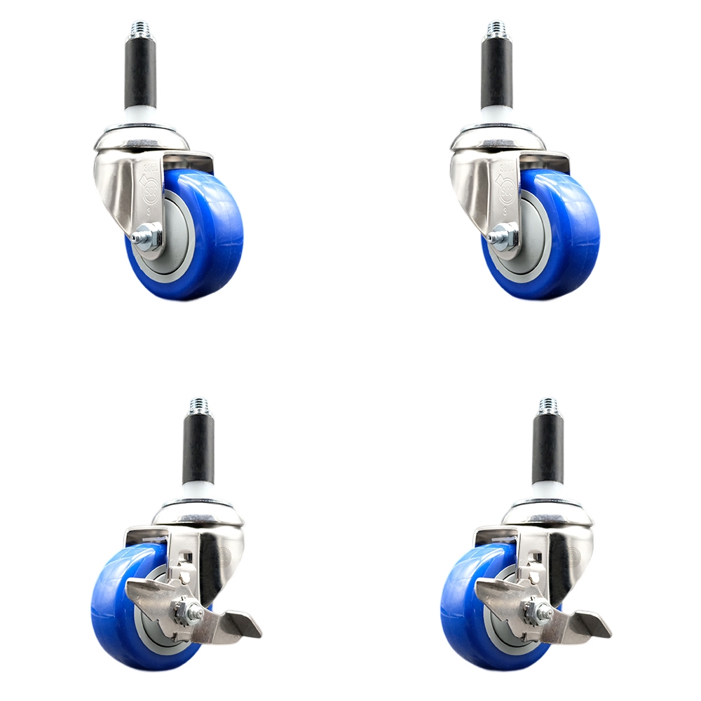 Polyurethane Swivel Stem Caster with 3 in. Blue Caster Wheels, 0.75 in. Expanding Stems - 316 Stainless Steel Casters - Set of 4