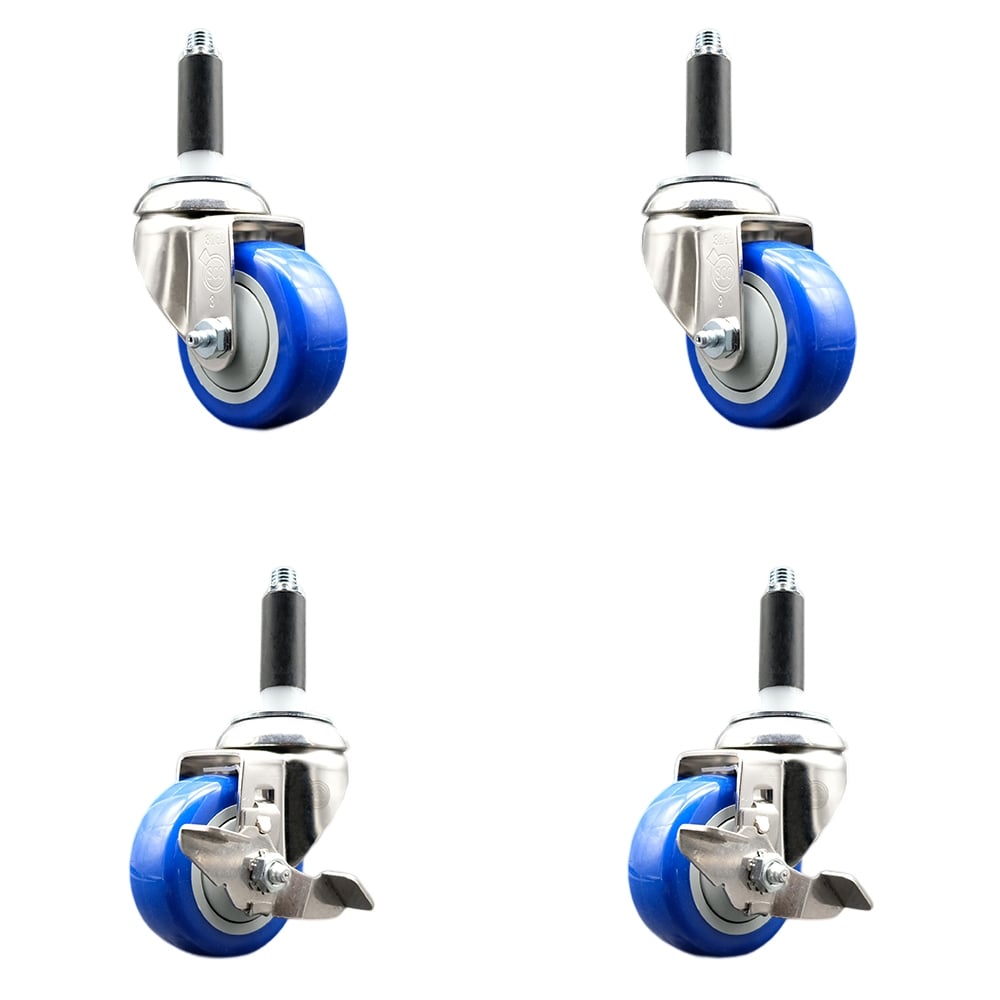 Polyurethane Swivel Stem Caster with 3.5 in. Blue Caster Wheels, 0.75 in. Expanding Stems - 316 Stainless Steel Casters - Set of 4