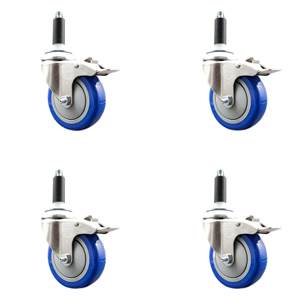 Polyurethane Swivel Stem Caster with 4 in. Blue Caster Wheels, 0.75 in. Expanding Stems - 316 Stainless Steel Casters - Set of 4