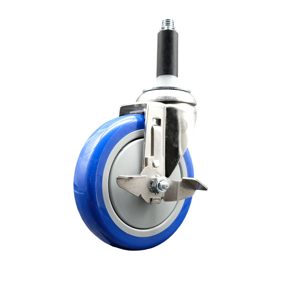 Polyurethane Swivel Stem Caster with 5 in. Blue Caster Wheels & Top Lock Brake, 0.75 in. Expanding Stem - 316 Stainless Steel Caster
