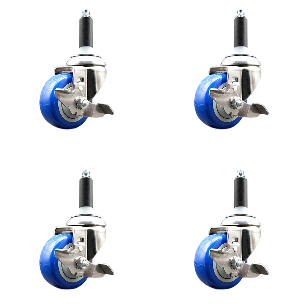Polyurethane Swivel Stem Caster with 3 in. Blue Caster Wheels, 0.87 in. Expanding Stems - 316 Stainless Steel Casters - Set of 4
