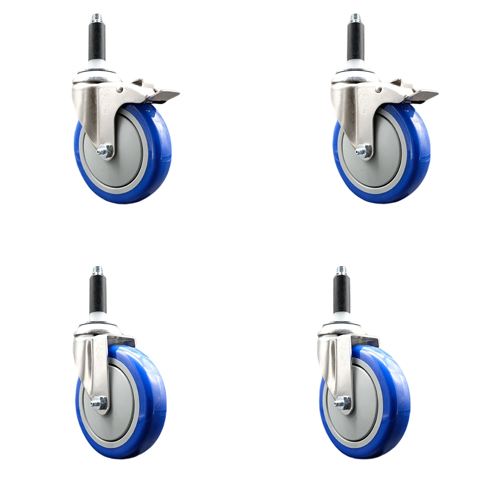 Polyurethane Swivel Stem Caster with 5 in. Blue Caster Wheels, 0.87 in. Expanding Stem - 316 Stainless Steel Casters - Set of 4