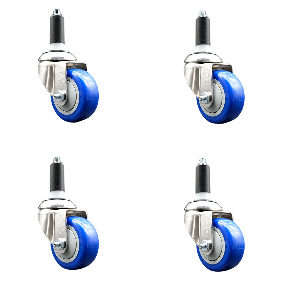 Polyurethane Swivel Stem Caster with 3 in. Blue Caster Wheels, 1 in. Expanding Stems - 316 Stainless Steel Casters - Set of 4