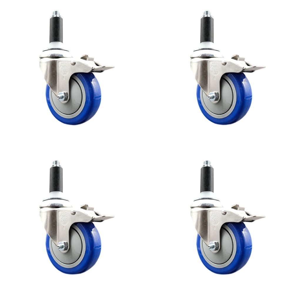 Polyurethane Swivel Stem Caster with 4 in. Blue Caster Wheels, 1 in. Expanding Stems - 316 Stainless Steel Casters - Set of 4