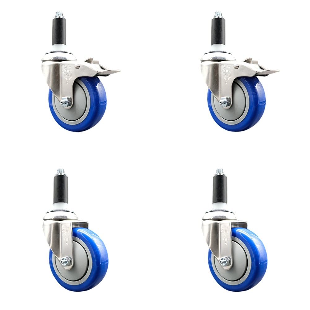 Polyurethane Swivel Stem Caster with 4 in. Blue Caster Wheels, 1 in. Expanding Stem - 316 Stainless Steel Casters - Set of 4