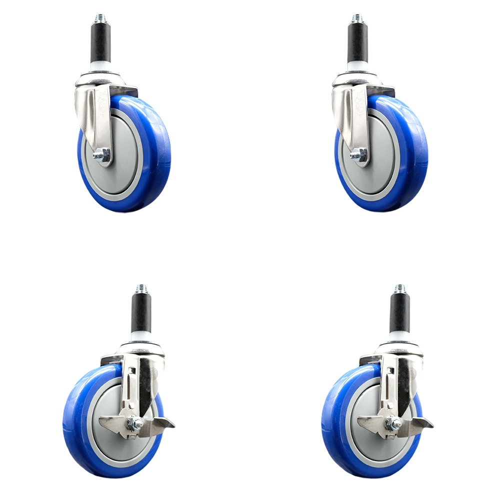 Polyurethane Swivel Stem Caster with 5 in. Blue Caster Wheels, 1 in. Expanding Stems - 316 Stainless Steel Casters - Set of 4