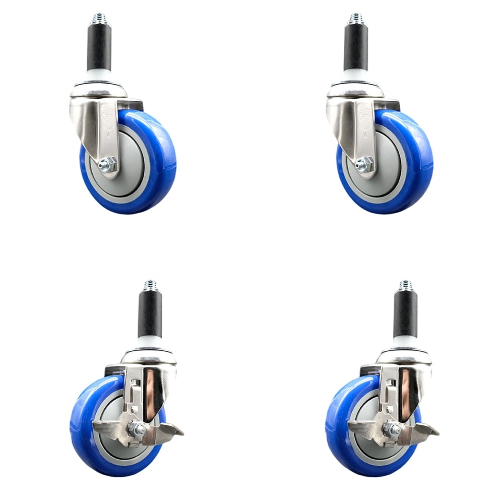 Polyurethane Swivel Stem Caster with 4 in. Blue Caster Wheels, 1.13 in. Expanding Stems - 316 Stainless Steel Casters - Set of 4