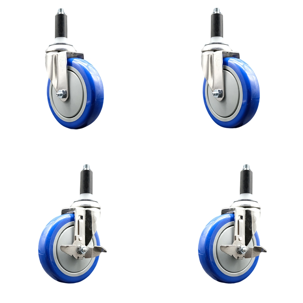 Polyurethane Swivel Stem Caster with 5 in. Blue Caster Wheels, 1.13 in. Expanding Stems - 316 Stainless Steel Casters - Set of 4