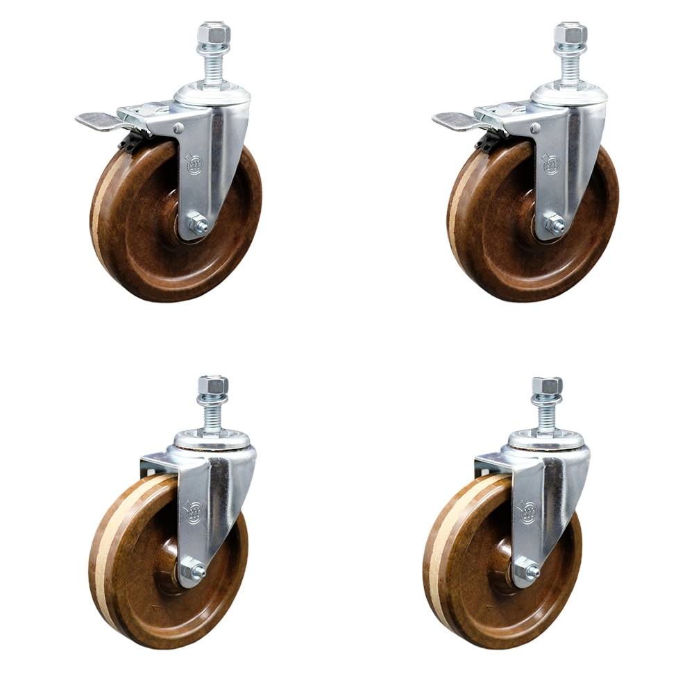 Stainless Steel High Temperature Phenolic Swivel Threaded Stem Caster with 5 x 1.25 in. Brown Wheels & 0.5 in. Stems - Set of 4