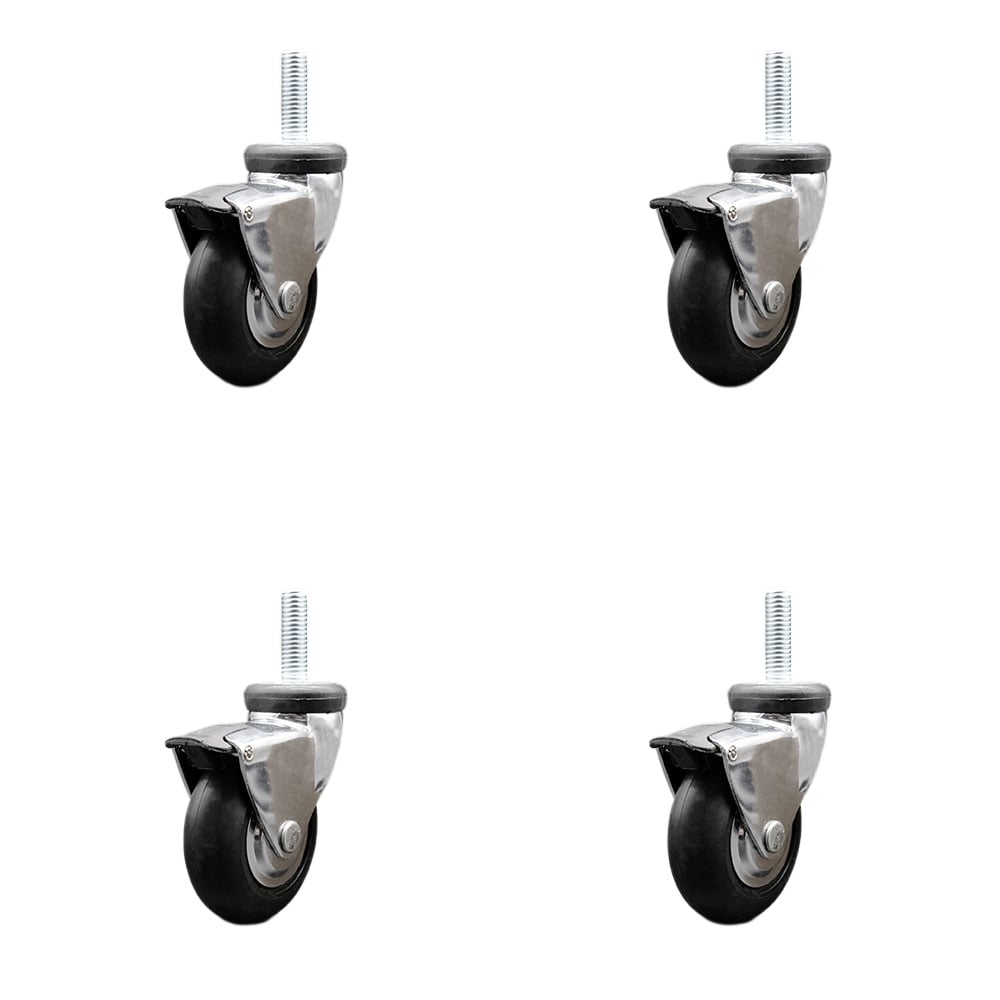 3 in. Swivel Caster Wheels for Furniture Bright Chrome Hooded with 0.5 in. 13 TPI x 1.5 in. Threaded Stem & Brake - Set of 4