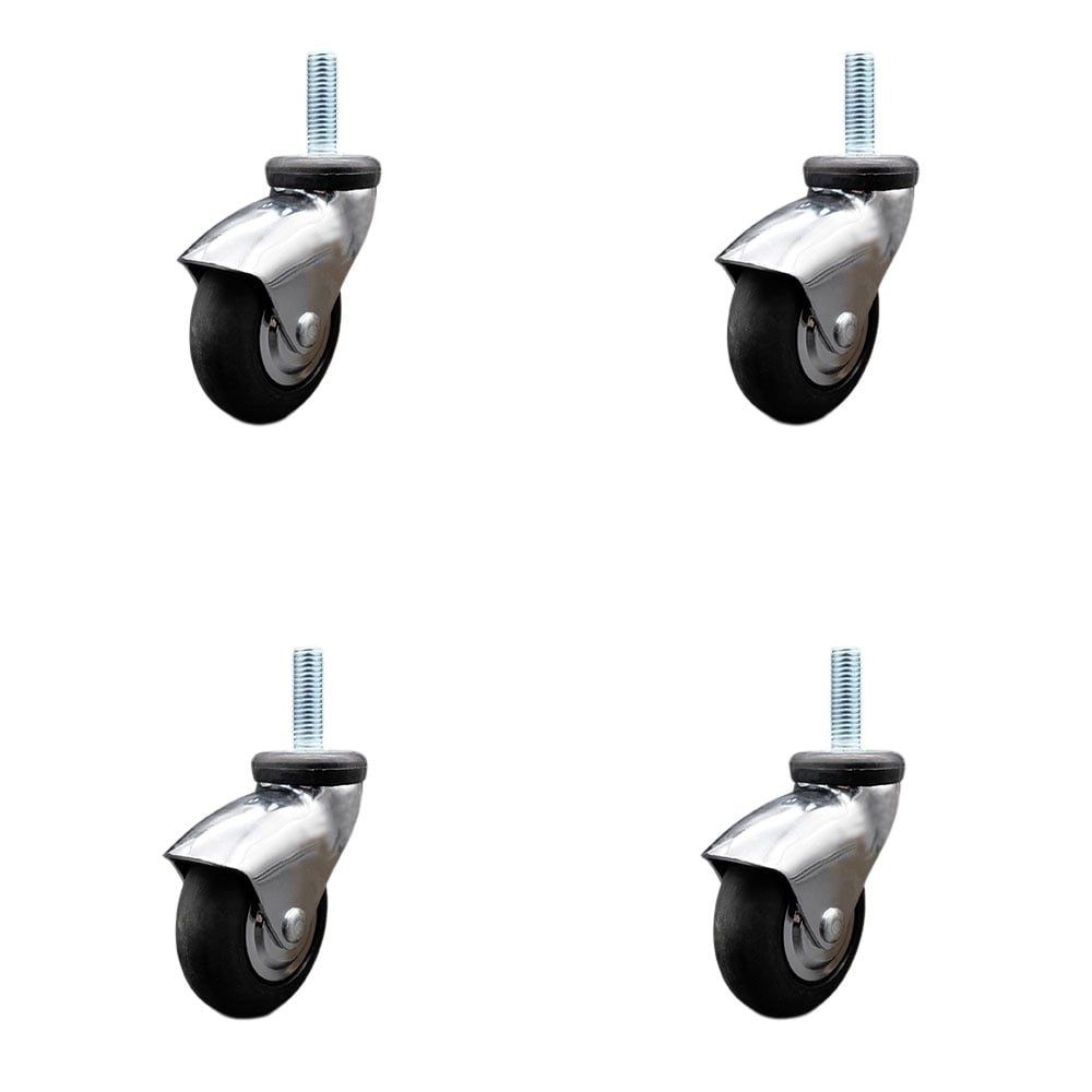 3 in. Swivel Caster Wheels for Furniture Bright Chrome Hooded Neoprene Rubber Wheel with0.375 in. 16 TPI x 1.5 in. Threaded Stem - Set of 4