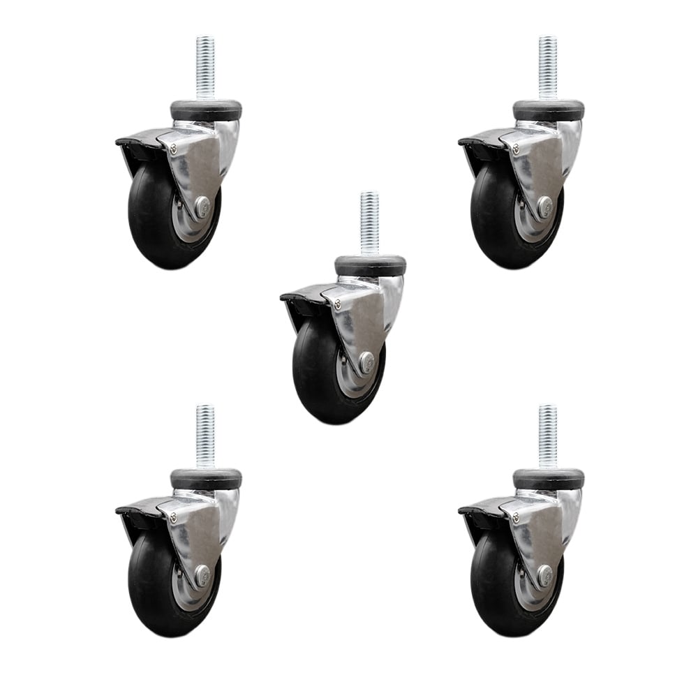 3 in. Swivel Caster Wheels for Furniture Bright Chrome Hooded with 0.31 in. 18 TPI x 1.5 in. Threaded Stem & Brake - Set of 5