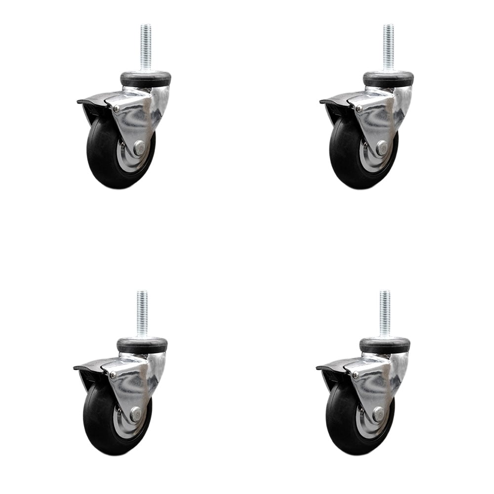 3 in. Swivel Caster Wheels for Furniture Bright Chrome Hooded Neoprene Rubber Wheel with 12 mm 1.75 x 1.5 in. Threaded Stem & Brake - Set of 4