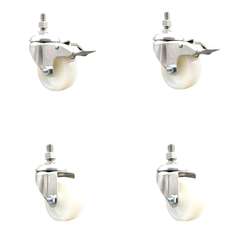 Nylon Swivel Stem Caster with 3 in. Caster Wheels, 0.38 in. Threaded Stems - 316 Stainless Steel Casters - Set of 4