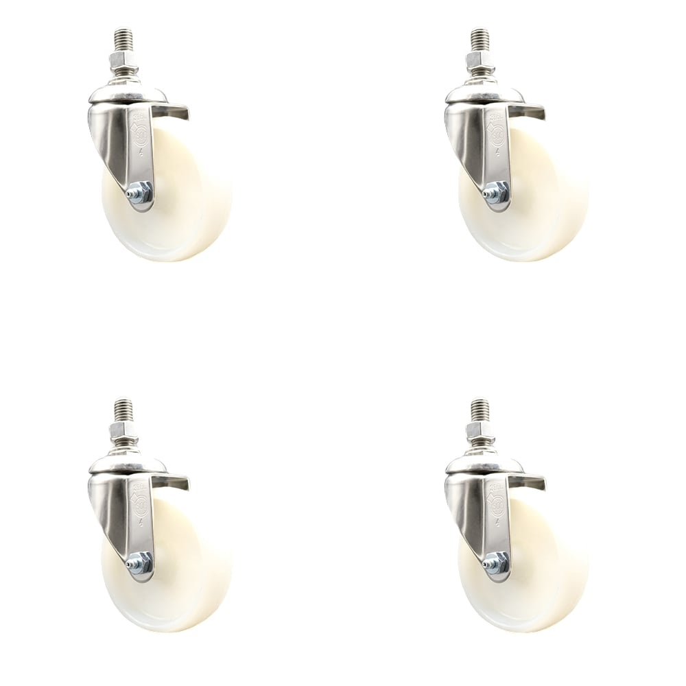 Nylon Swivel Stem Caster with 4 in. Caster Wheels, 0.38 in. Threaded Stems - 316 Stainless Steel Casters - Set of 4