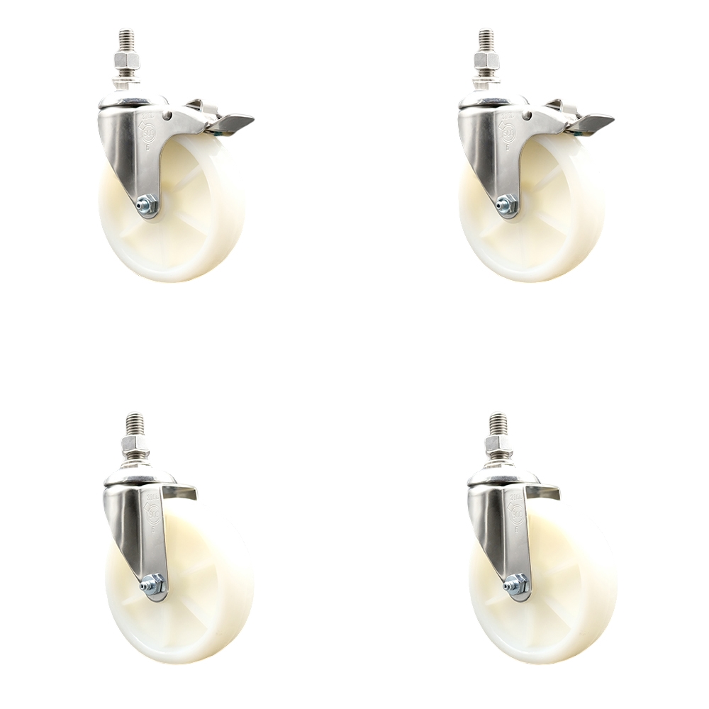 Nylon Swivel Stem Caster with 5 in. Caster Wheels, 0.38 in. Threaded Stems - 316 Stainless Steel Casters - Set of 4