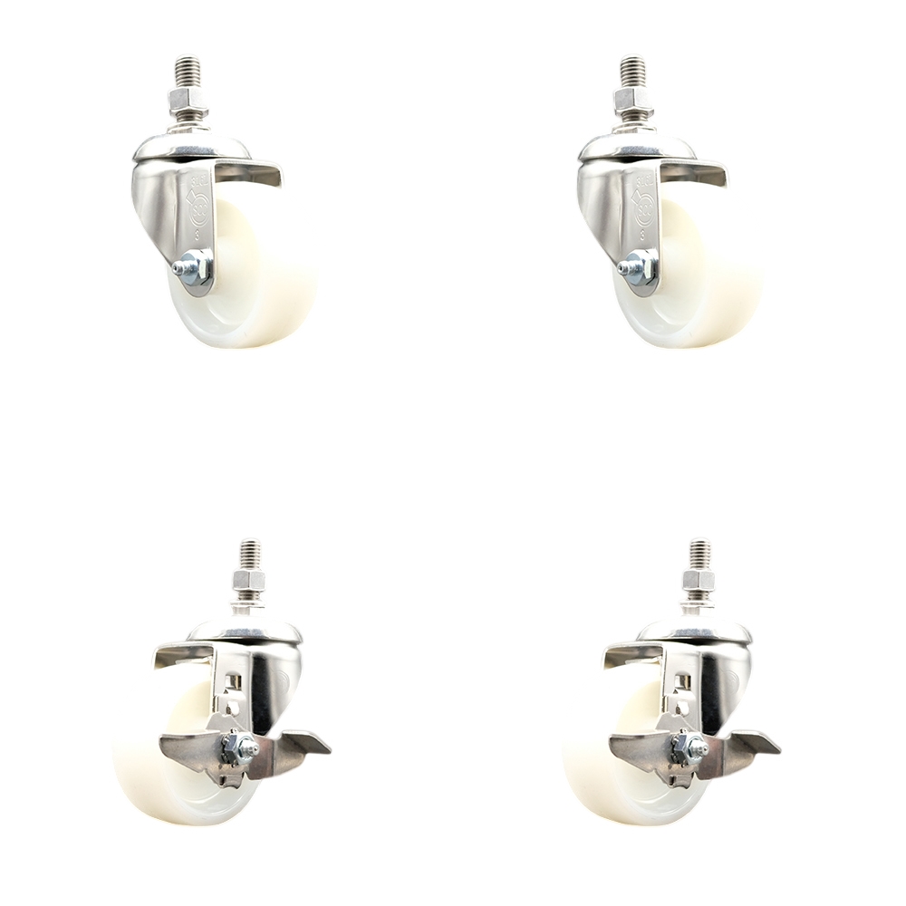 Nylon Swivel Stem Caster with 3 in. Caster Wheels, 10 mm Threaded Stems - 316 Stainless Steel Casters - Set of 4