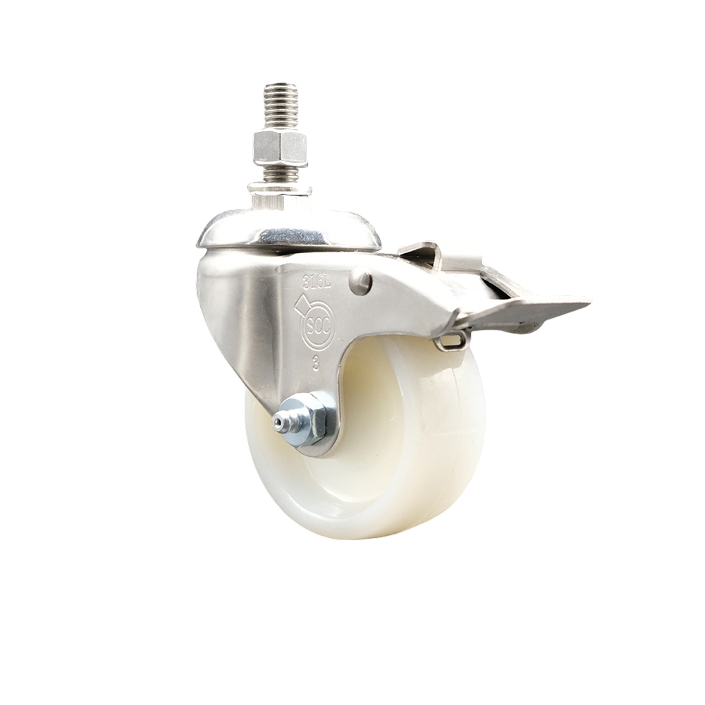 Nylon Swivel Stem Caster with 3 in. White Caster Wheel & Total Lock Brake, 12 mm Threaded Stem - 316 Stainless Steel Caster