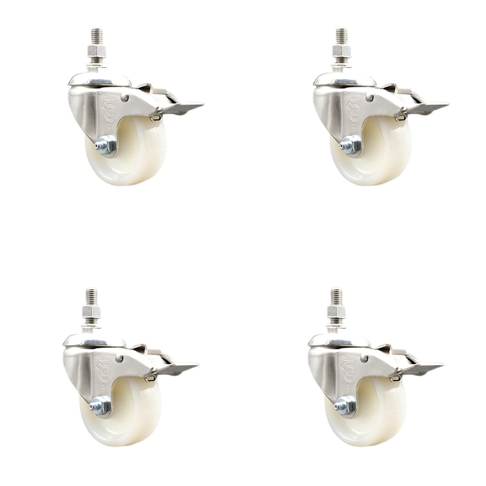 SCC-SS316TSTTL20S314-NYS-M1215-4 Nylon Swivel Stem Caster with 3 in. Caster Wheels, 12 mm Threaded Stems - 316 Stainless Steel Casters - Set of 4