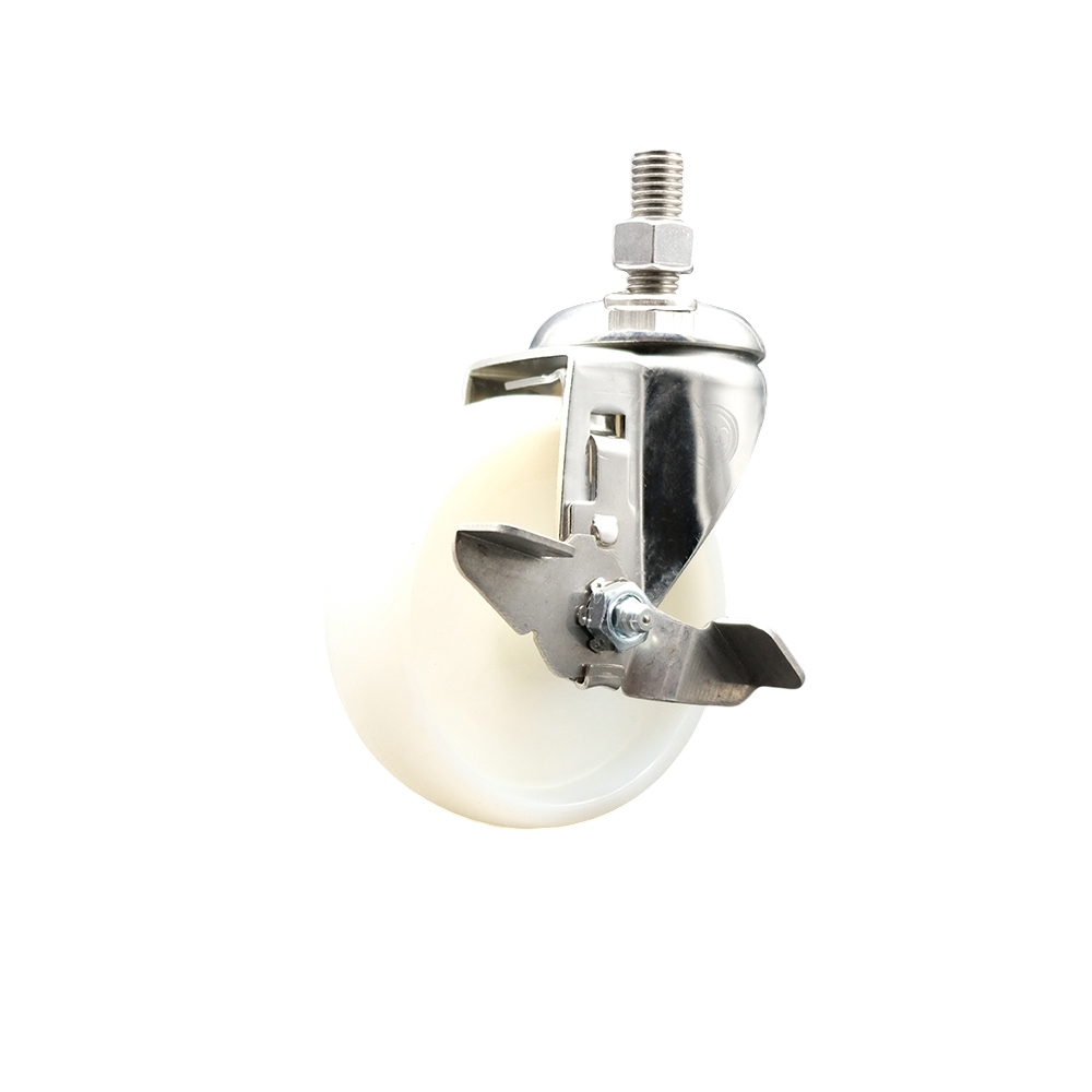 Nylon Swivel Stem Caster with 4 in. White Caster Wheel & Top Lock Brake, 12 mm Threaded Stem - 316 Stainless Steel Caster