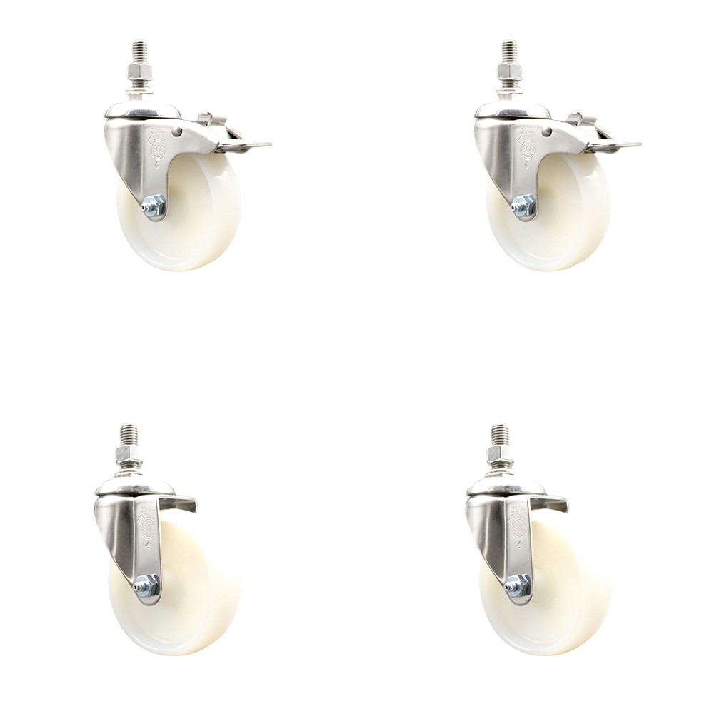 Nylon Swivel Stem Caster with 4 in. Caster Wheels, 12 mm Threaded Stems - 316 Stainless Steel Casters - Set of 4