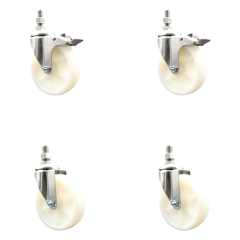 Nylon Swivel Stem Caster with 5 in. Caster Wheels, 12 mm Threaded Stems - 316 Stainless Steel Casters - Set of 4