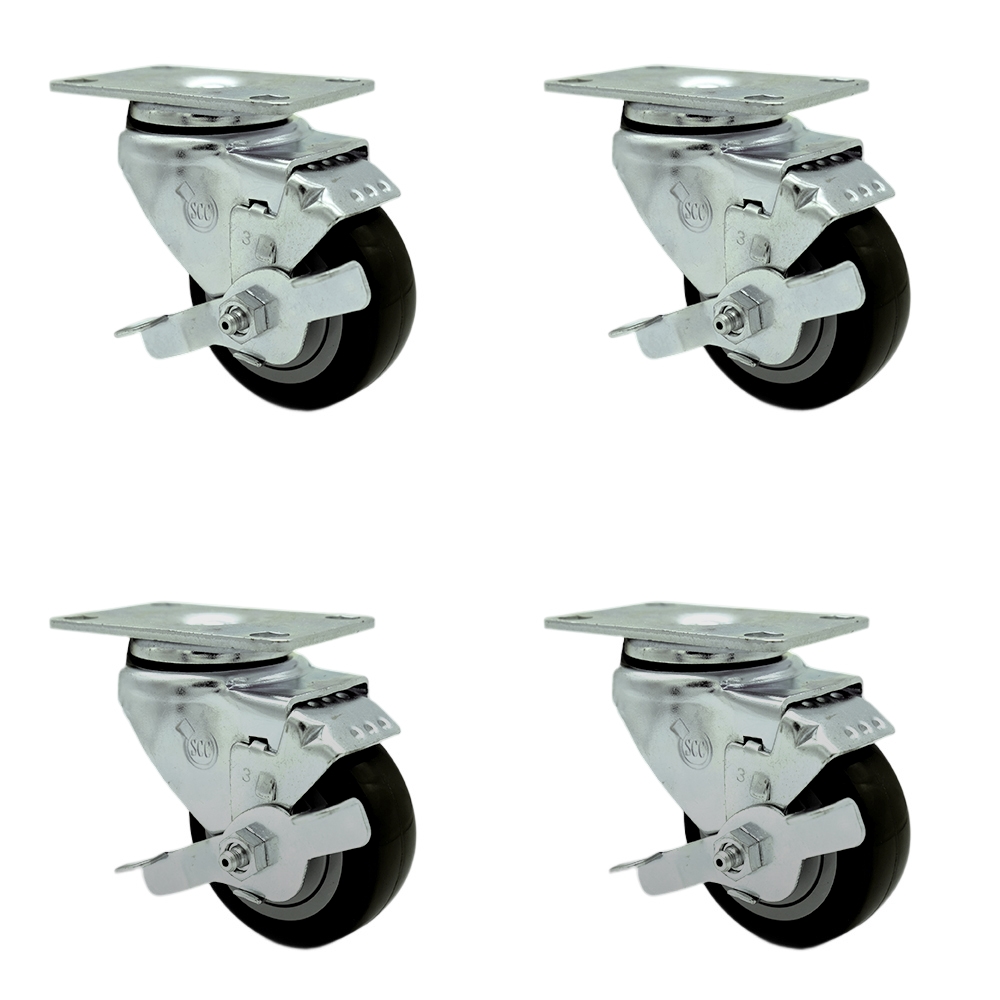 SCC-SS20S314-PPUB-BLK-TLB-4 Stainless Steel Polyurethane Swivel Top Plate Caster with 3 x 1.25 in. Black Wheels - Set of 4