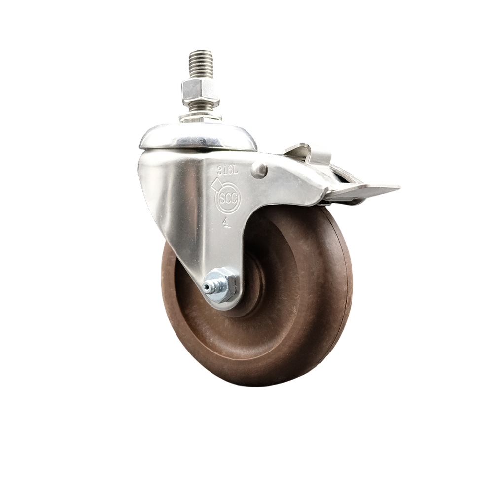 High Temperature Glass Filled Nylon Swivel Stem Caster with 4 in. Brown Caster Wheel & Total Lock Brake, - 316 Stainless Steel Caster