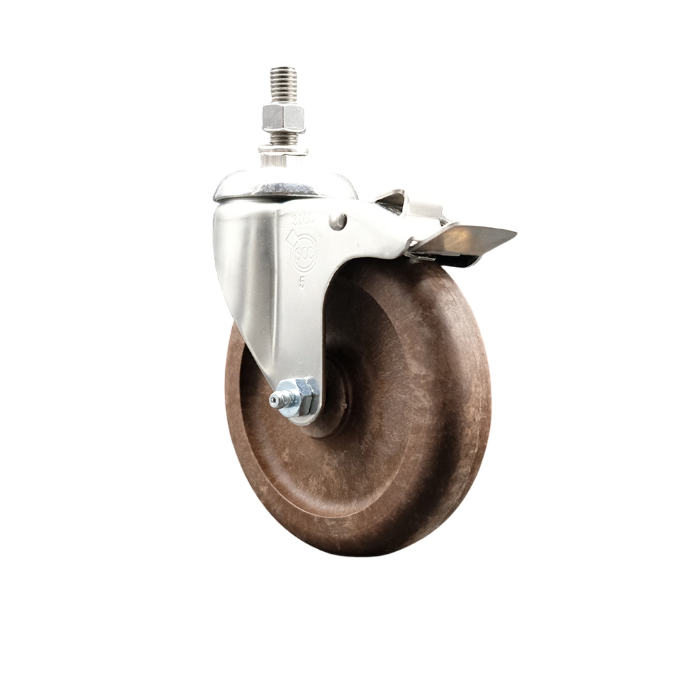 High Temperature Glass Filled Nylon Swivel Stem Caster with 5 in. Brown Caster Wheel & Total Lock Brake, - 316 Stainless Steel Caster