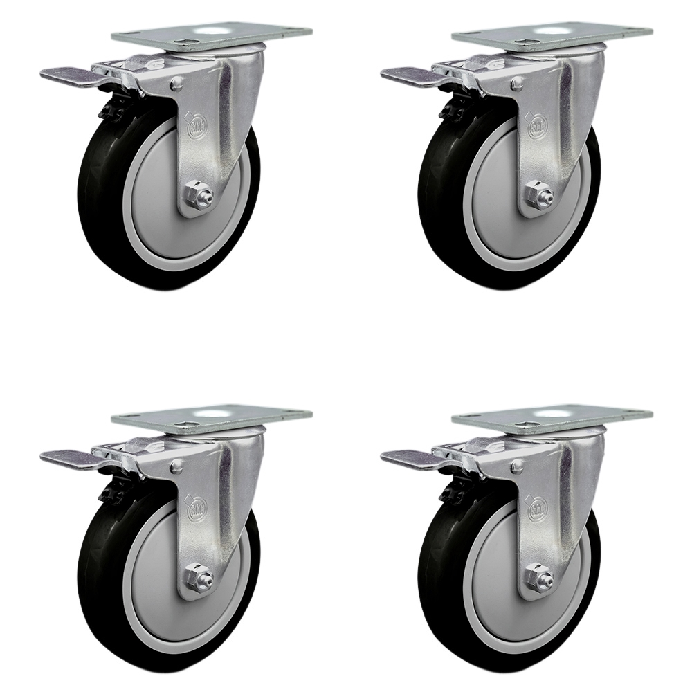 SCC-SSTTL20S514-PPUB-BLK-4 Stainless Steel Polyurethane Swivel Top Plate Caster with 5 x 1.25 in. Black Wheels - Set of 4