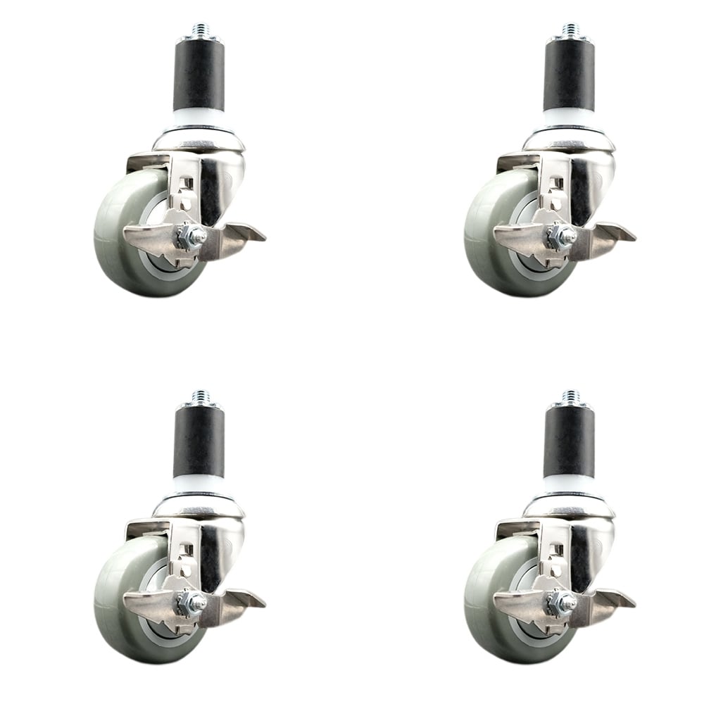 Polyurethane Swivel Stem Caster with 3 in. Gray Caster Wheels, 1.5 in. Expanding Stems - 316 Stainless Steel Casters - Set of 4