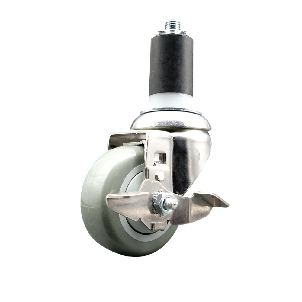 Polyurethane Swivel Stem Caster with 3.5 in. Gray Caster Wheels & Top Lock Brake, 1.5 in. Expanding Stem - 316 Stainless Steel Caster