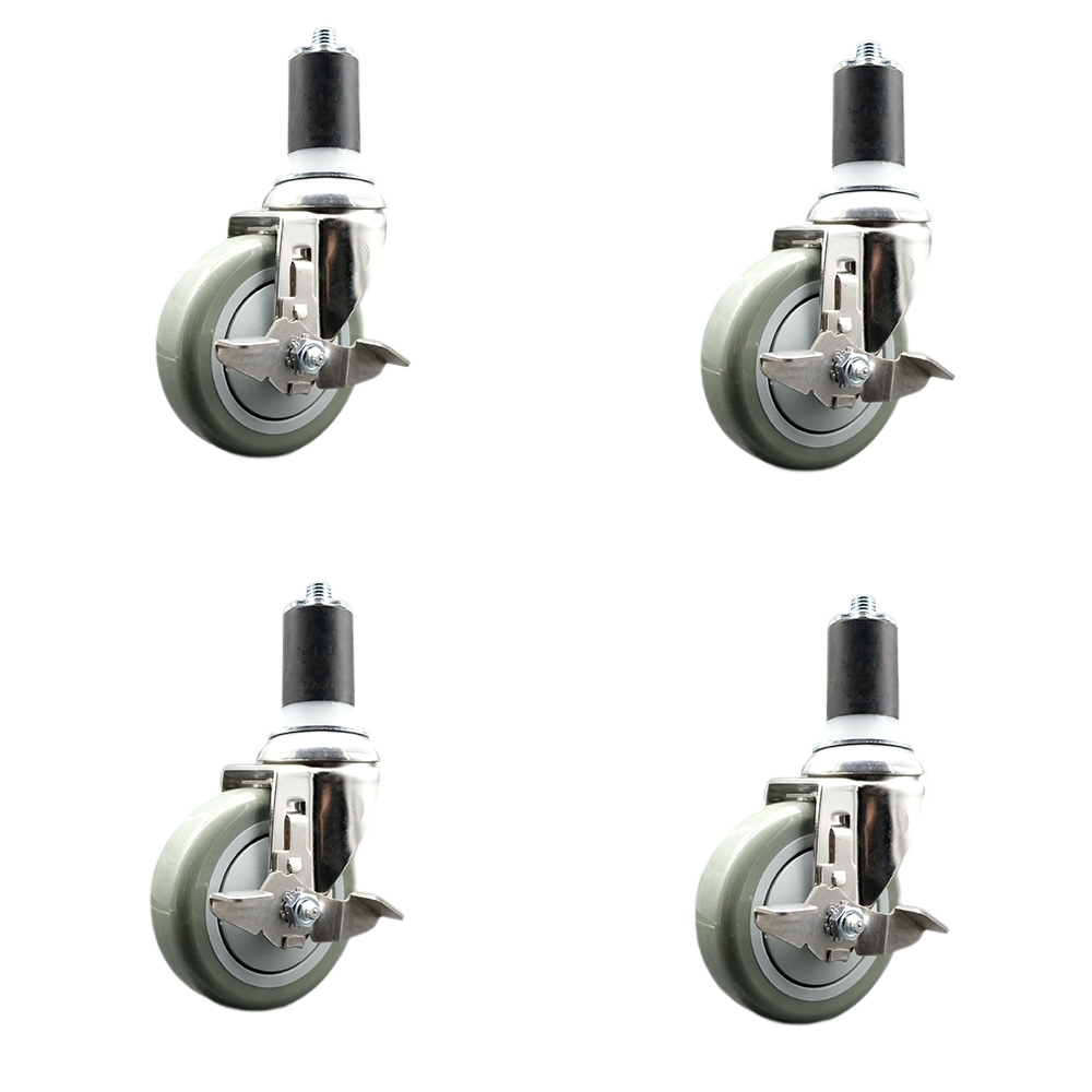 Polyurethane Swivel Stem Caster with 4 in. Gray Caster Wheels, 1.5 in. Expanding Stems - 316 Stainless Steel Casters - Set of 4