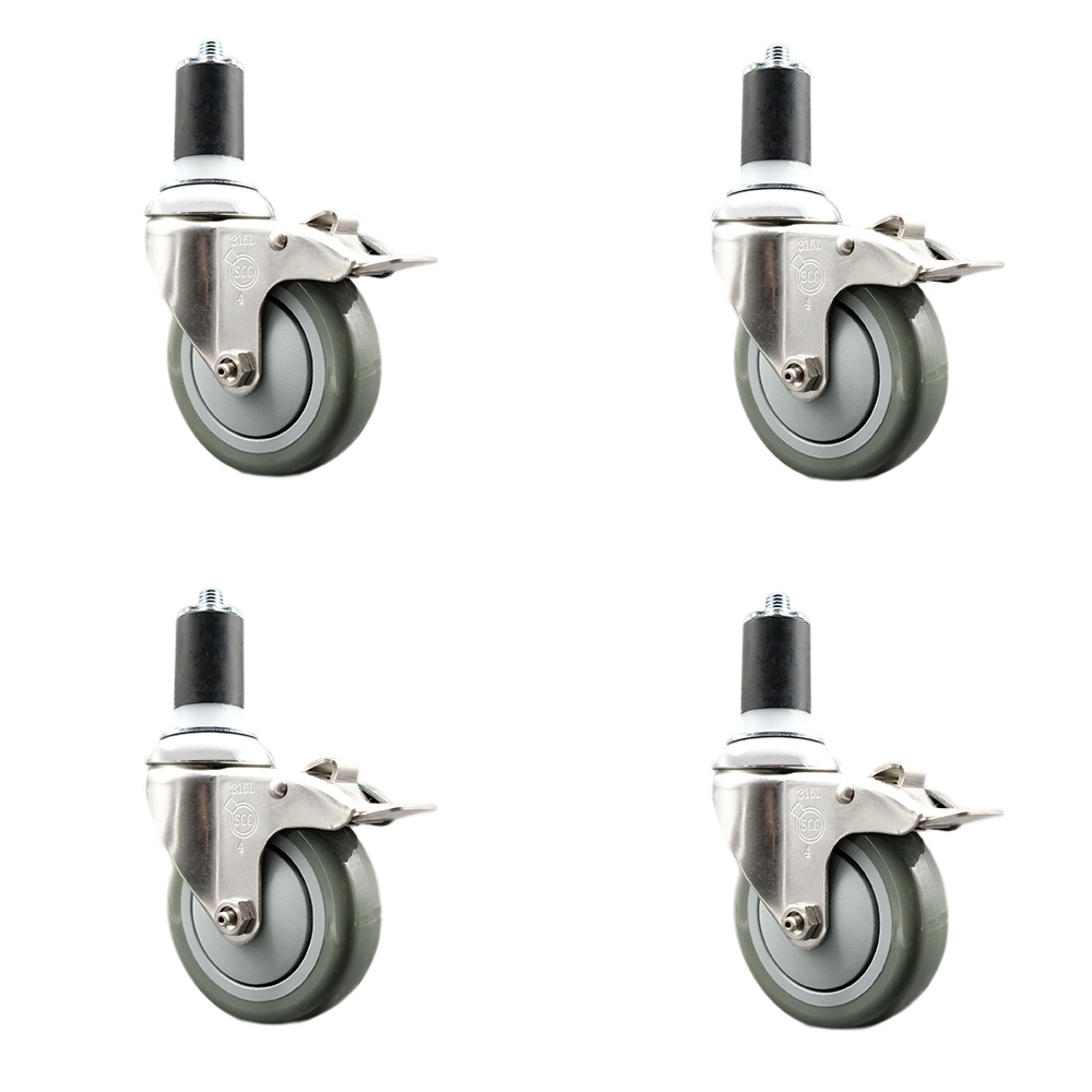 Polyurethane Swivel Stem Caster with 4 in. Gray Caster Wheels, 1.5 in. Expanding Stems - 316 Stainless Steel Casters - Set of 4
