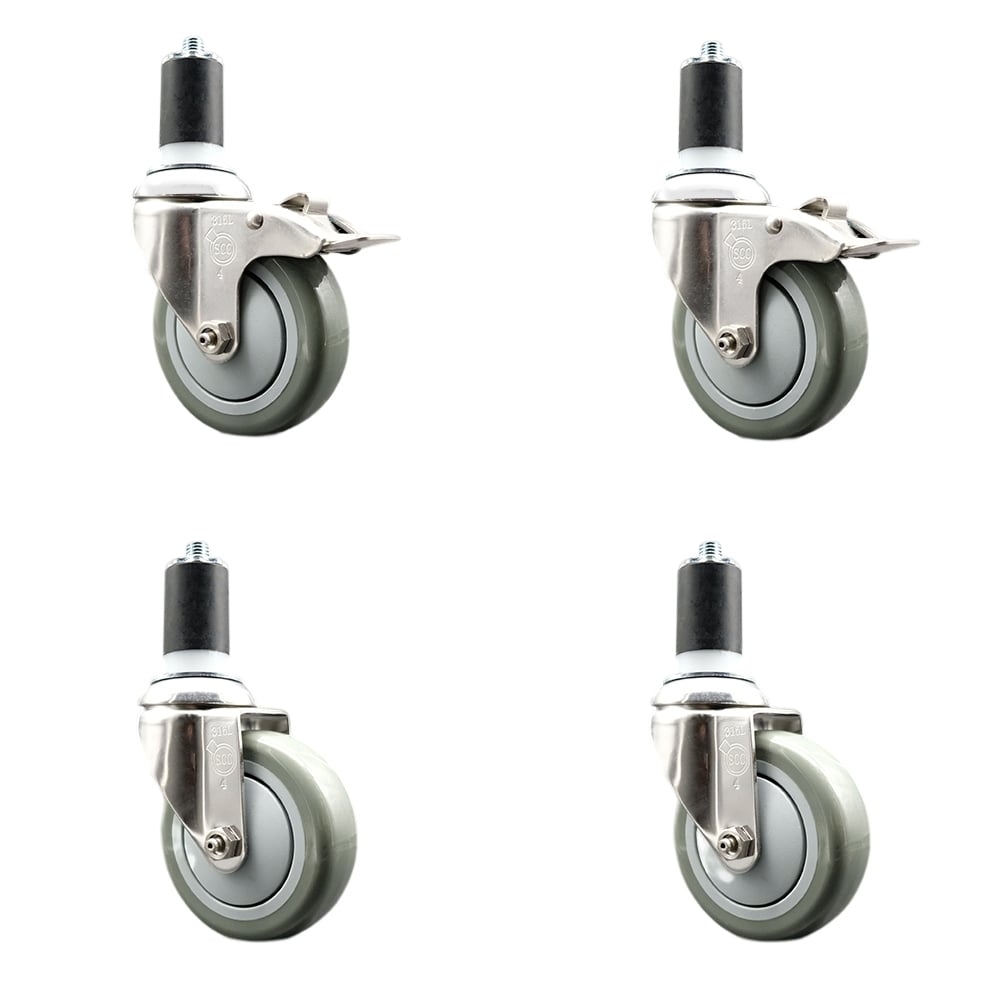 Polyurethane Swivel Stem Caster with 4 in. Gray Caster Wheels, 1.5 in. Expanding Stem - 316 Stainless Steel Casters - Set of 4