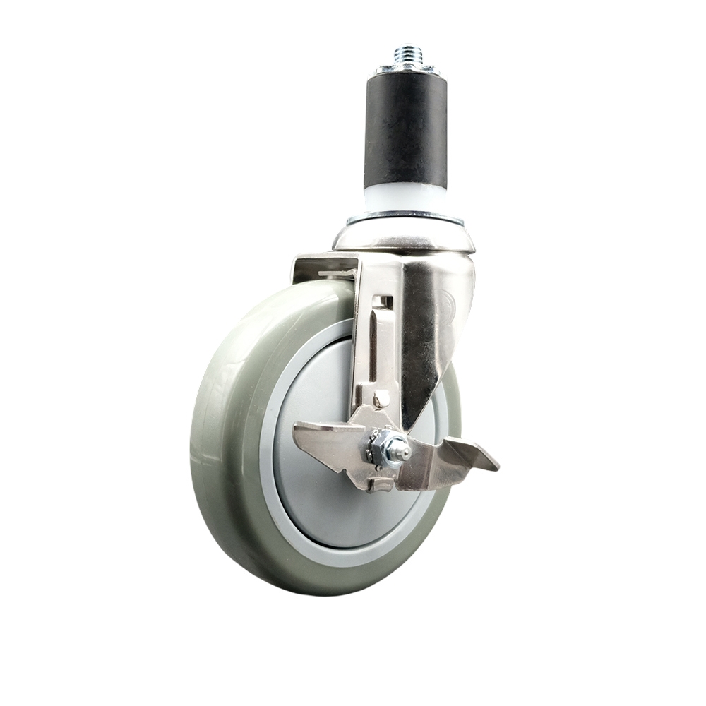 Polyurethane Swivel Stem Caster with 5 in. Gray Caster Wheels & Top Lock Brake, 1.5 in. Expanding Stem - 316 Stainless Steel Caster